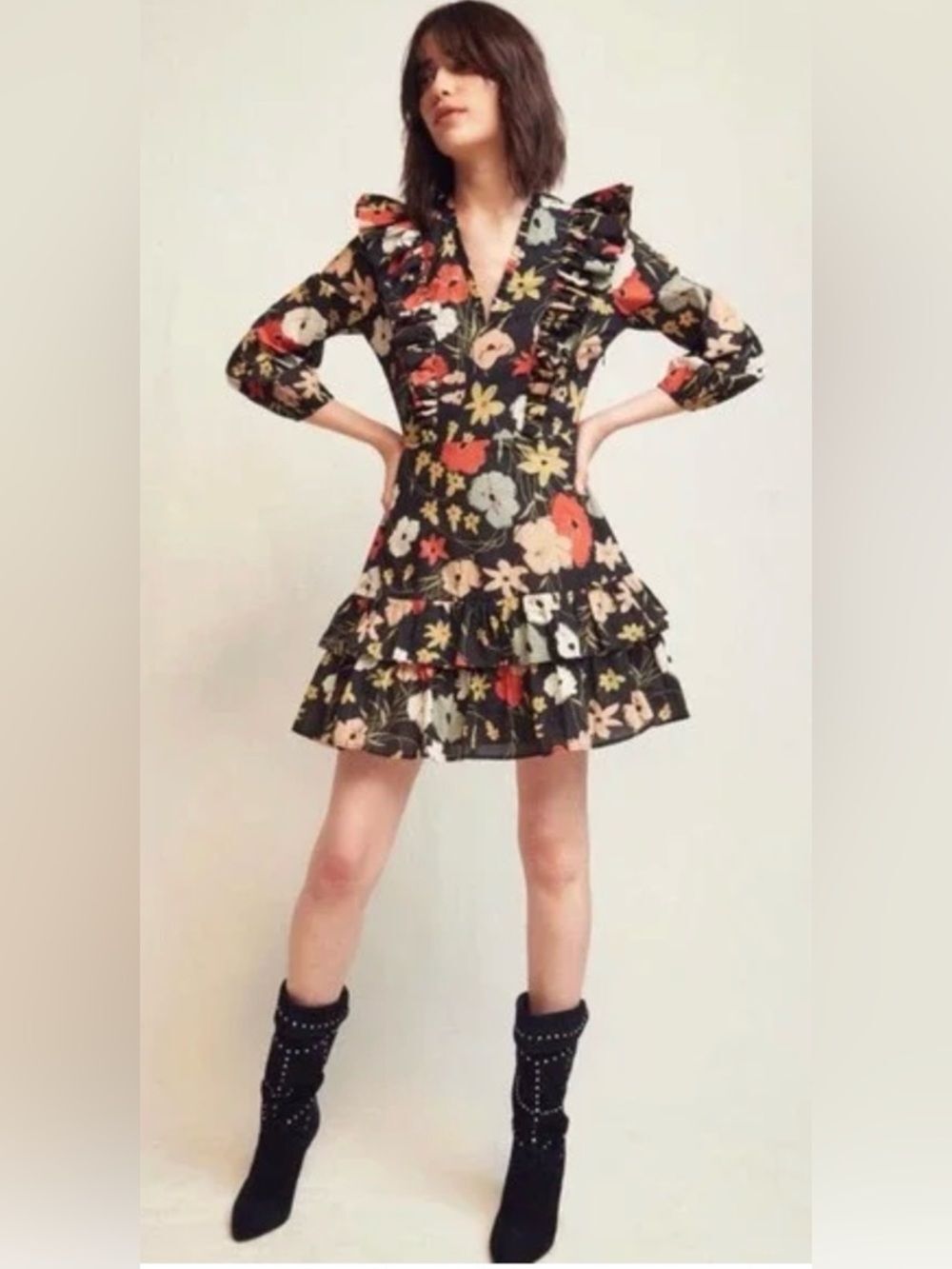 Warm Black Floral Ruffle Tiered Dress